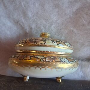 Porcelain Gold & White Floral Footed Trinket Box